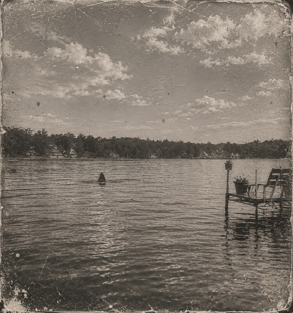 Folklore illustration of a shark-like fin in Crystal Lake